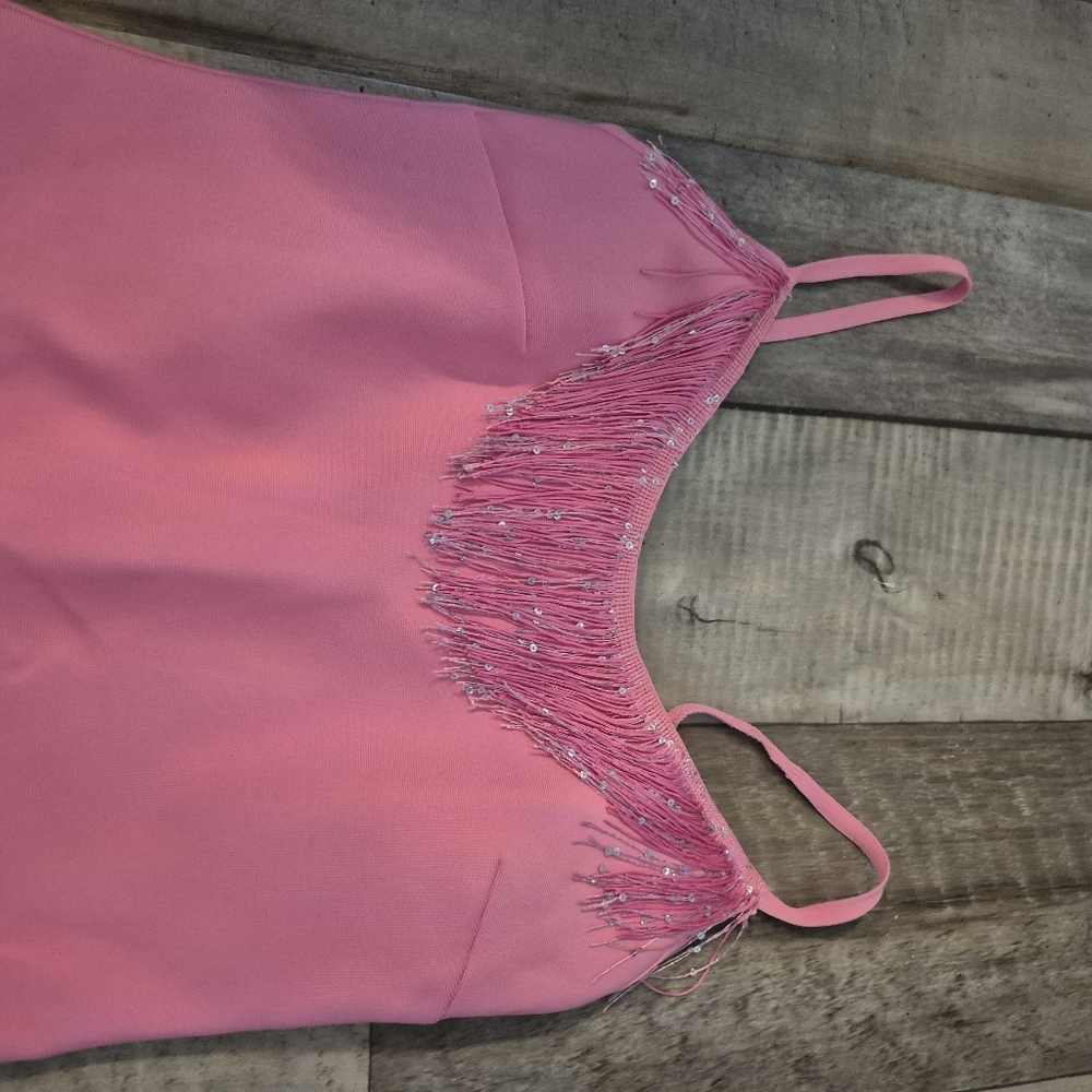 Fashion Nova Slip Dress Bodycon Glam Night Feathers Fringe Beads Pink M/L - Picture 6 of 9